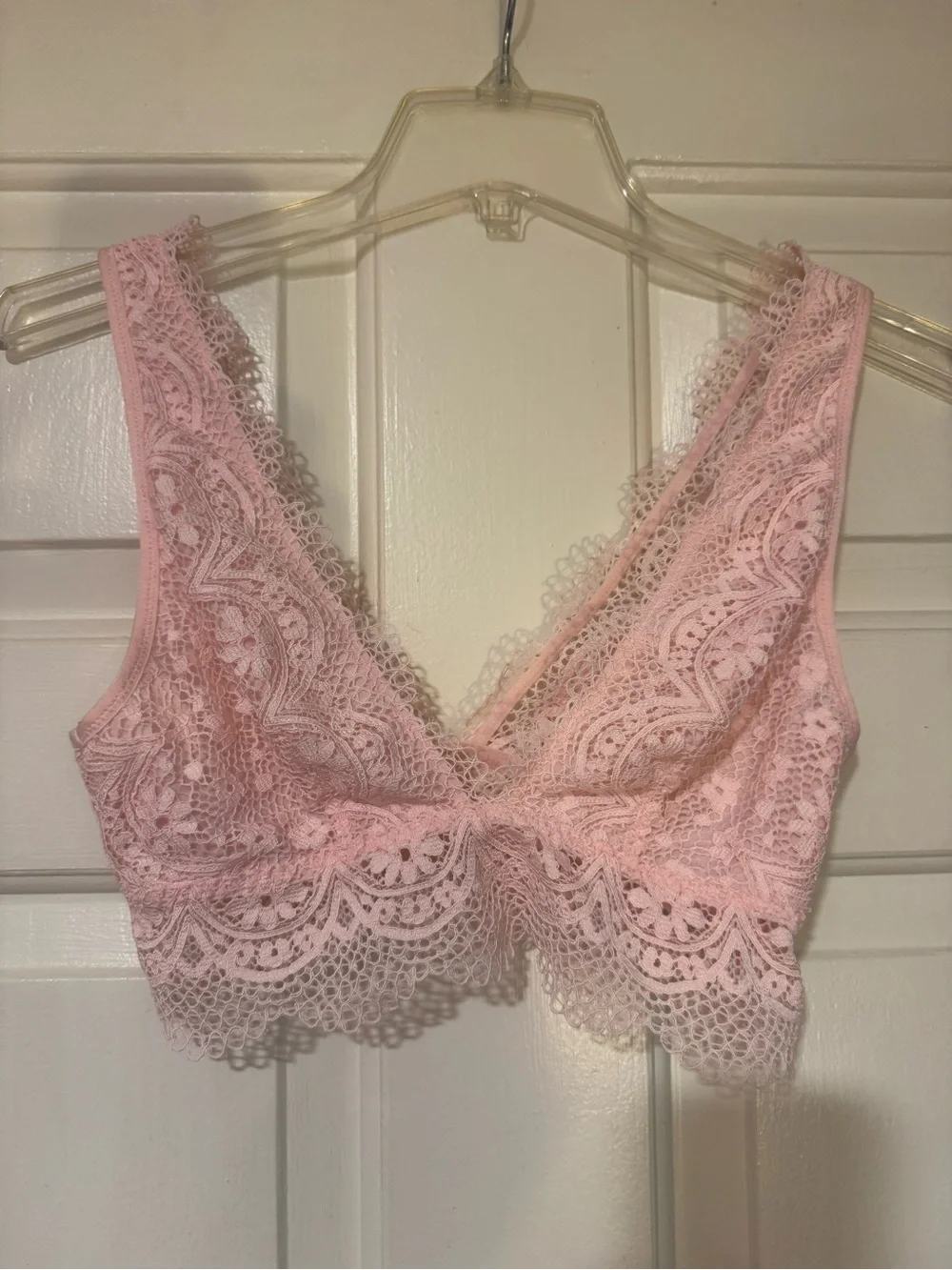 Victoria’s Secret pink lace bralette.